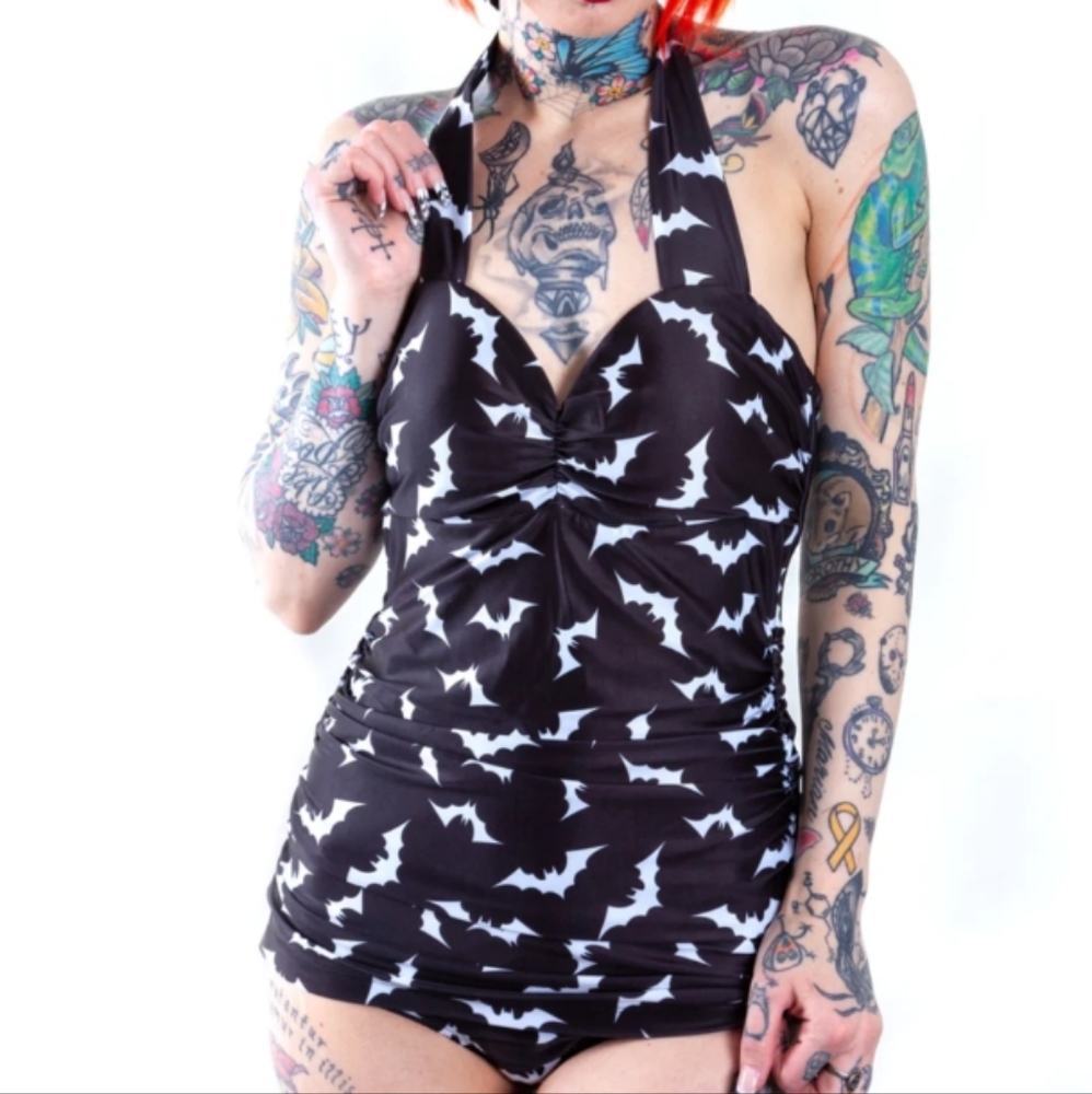 Sourpuss retro pin-up, inspired Bat print bathing suit. XL.